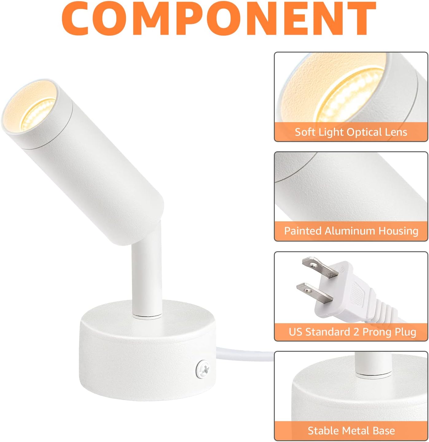 2 Pack Indoor Spot Lights, 120V LED Accent Up Lights, 3W Plant Spotlights, 3000K Floor Spotlights for Plants, Pictures, Desk - Uplights with 5.9 FT Plug Cord and Foot Switch