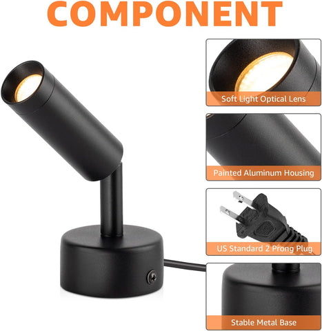 2 Pack Indoor Spotlight LED Up Lights for Plant 120V Floor Spot Lights Accent Light Indoor Uplighting Warm White Spotlight Lamp Accent Lighting LED Uplight, 5.9 FT Plug Cord with Foot Switch