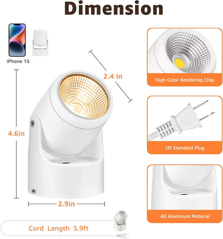 3W Uplighting LED Spot Lights with Timer - Dimmable, Plug-in Up Lights for Plants, Artwork, 2 Pack (3000K/4000K/5000K)