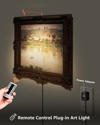 Plug in Picture Light Dimmable Art Lights for Paintings Remote Control 3000K Picture Frame Light with Timer CRI 90 LED Picture Lights for Wall Display Artwork Portrait Gallery, Copper Body
