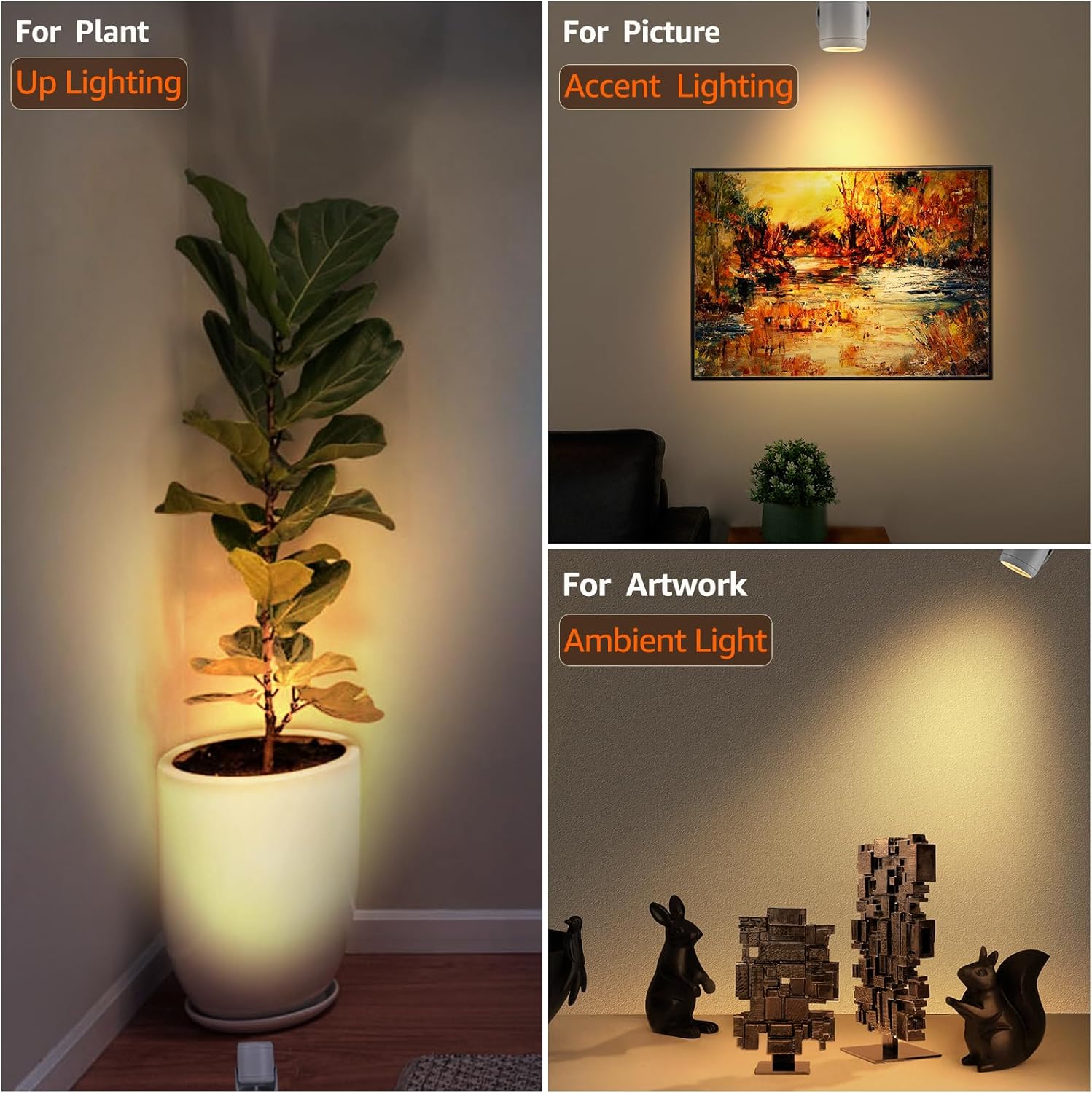 3W Uplighting LED Spot Lights with Timer - Dimmable, Plug-in Up Lights for Plants, Artwork, 2 Pack (3000K/4000K/5000K)
