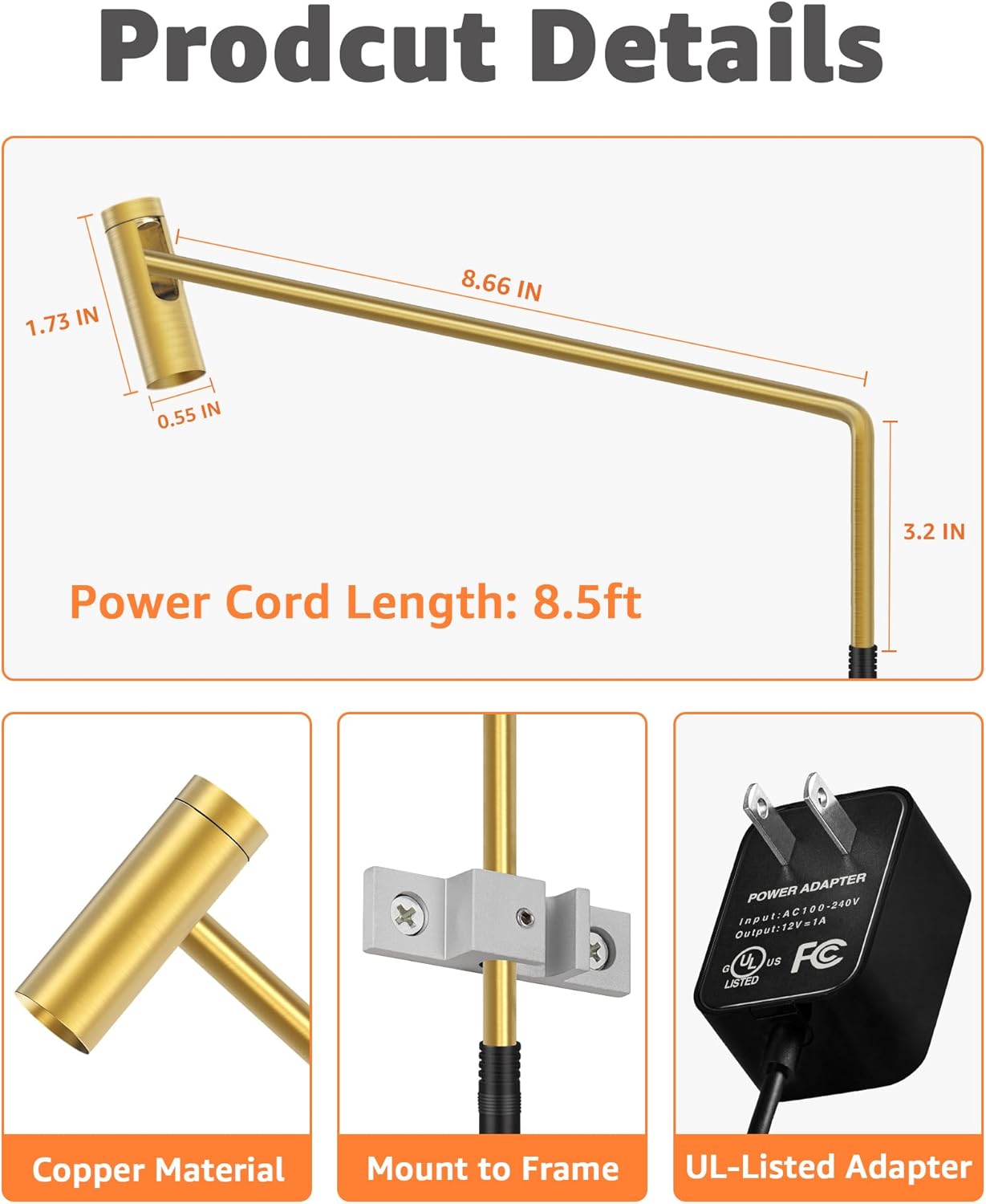 Brass Picture Light Plug in LED Picture Lights for Wall 3000K Warm White Picture Frame Light with Remote Control & Timer Dimmable Picture Lights Art Lighting for Paintings Wall Display Gallery