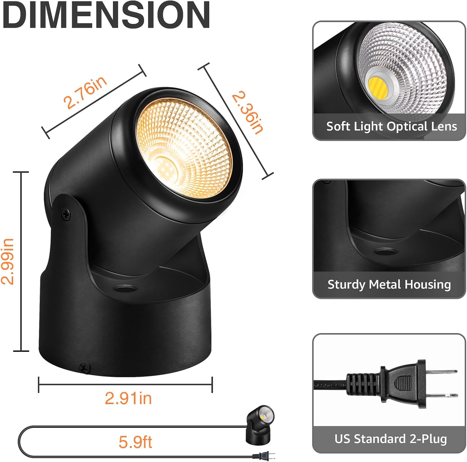3000K/4000K/5000K Uplighting 3W LED Spotlight Indoor Plug-in with Memory Function Floor Spot Lights with Remote Control Dimmable Uplights Indoor for Plant/Picture/Artwork, 2 Pack