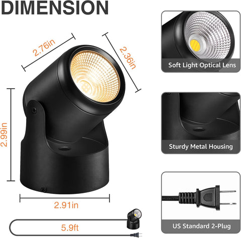 3000K/4000K/5000K Uplighting 3W LED Spotlight Indoor Plug-in with Memory Function Floor Spot Lights with Remote Control Dimmable Uplights Indoor for Plant/Picture/Artwork, 2 Pack