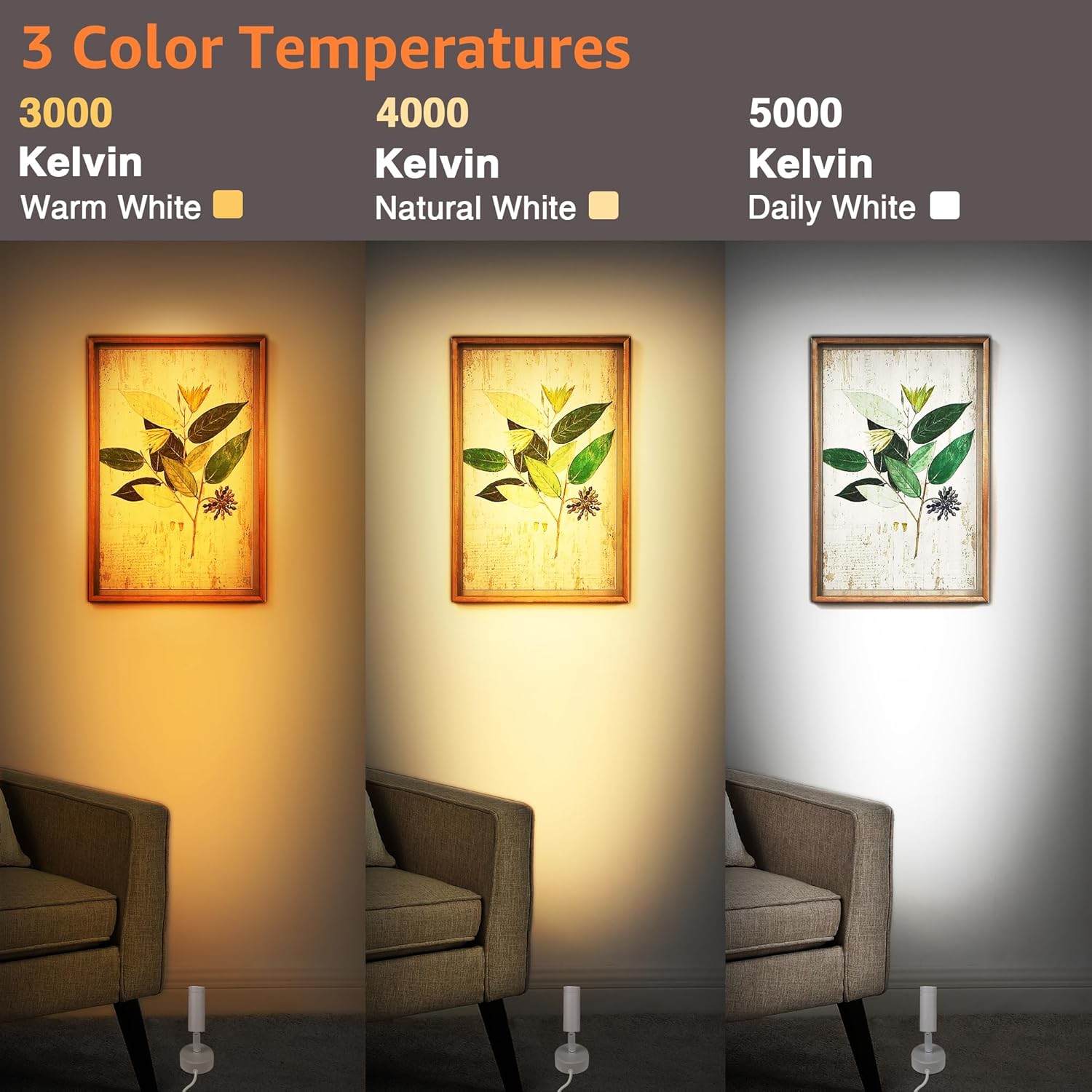 Dimmable LED Spot Lights Indoor, Remote Controlled with Timer, 3W Plug-in Up Lights, 3000K/4000K/5000K Uplighting Indoor Spotlight for Accent Lighting Plants or Artwork, 2 Pack