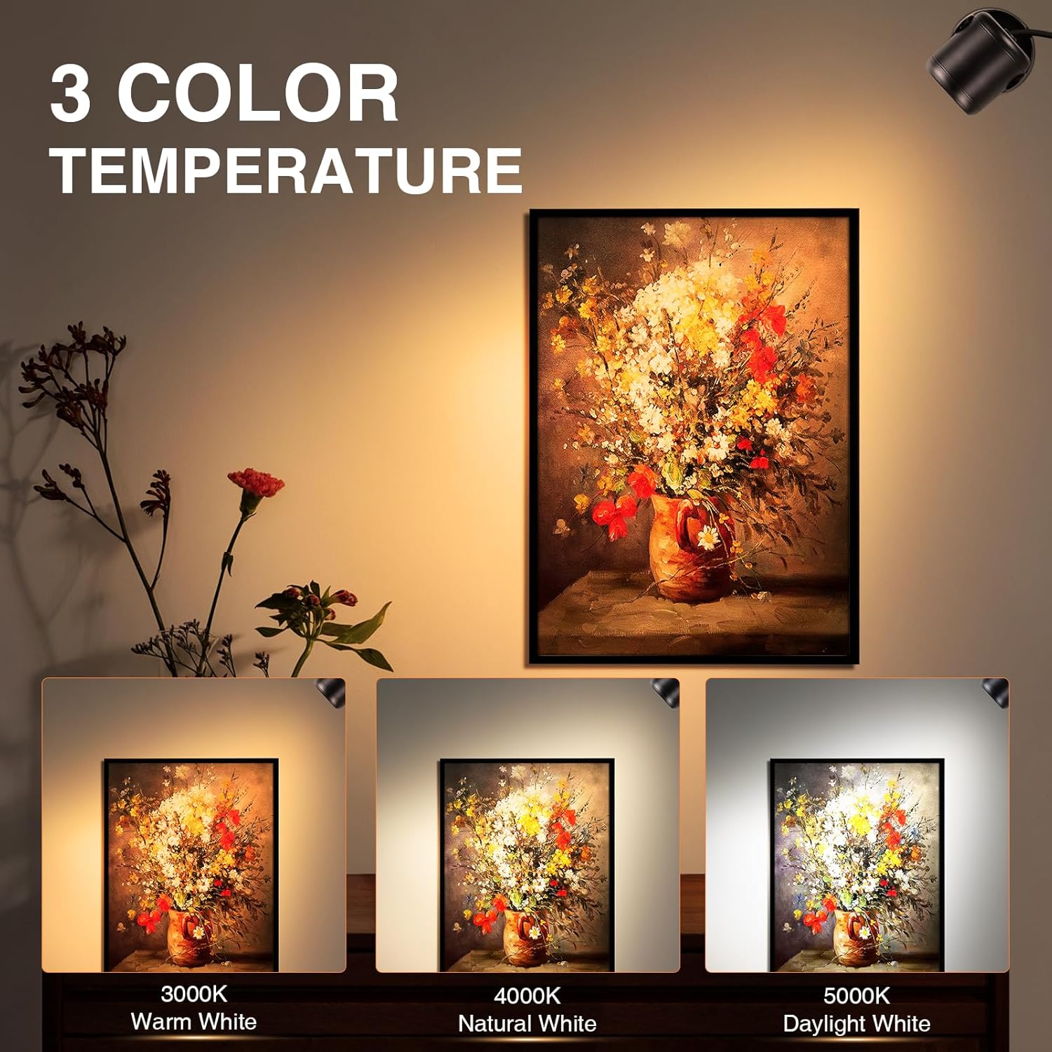 3000K/4000K/5000K Uplighting 3W LED Spotlight Indoor Plug-in with Memory Function Floor Spot Lights with Remote Control Dimmable Uplights Indoor for Plant/Picture/Artwork, 2 Pack