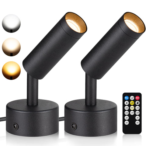 Dimmable LED Spot Lights Indoor, Remote Controlled with Timer, 3W Plug-in Up Lights, 3000K/4000K/5000K Uplighting Indoor Spotlight for Accent Lighting Plants or Artwork, 2 Pack