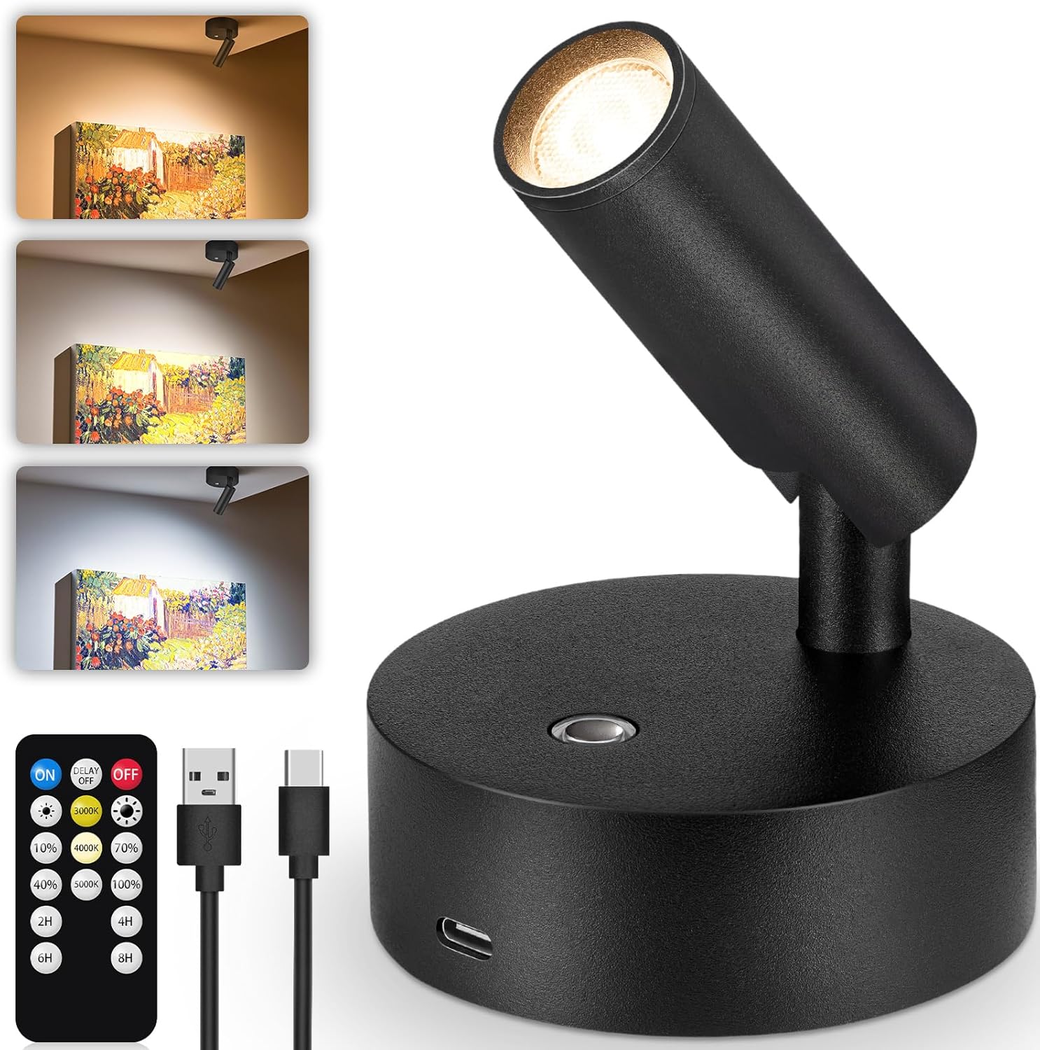 Wireless LED Spotlight Indoor 3350mAh Rechargeable Battery Operated Spotlights Indoor with Remote 3000K/4000K/5000K Uplighting Indoor Dimmable Spot Lights Indoor for Plant Picture Wall, 1 Pack